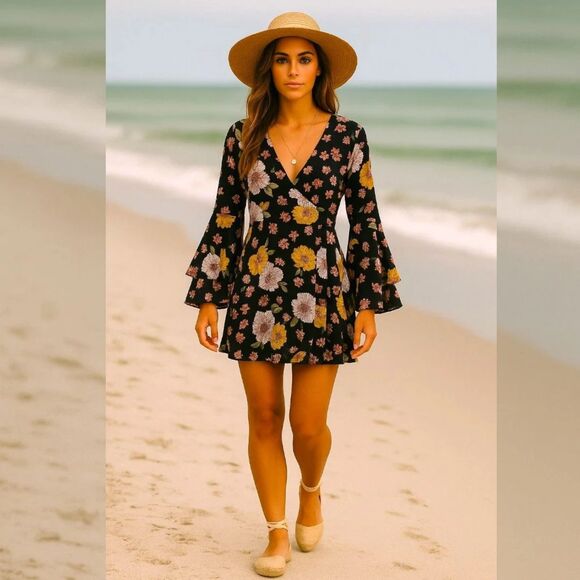 Altar'd State Juliette Black Yellow Floral Bell Sleeve Mini Dress Boho V-Neck S - Picture 1 of 8